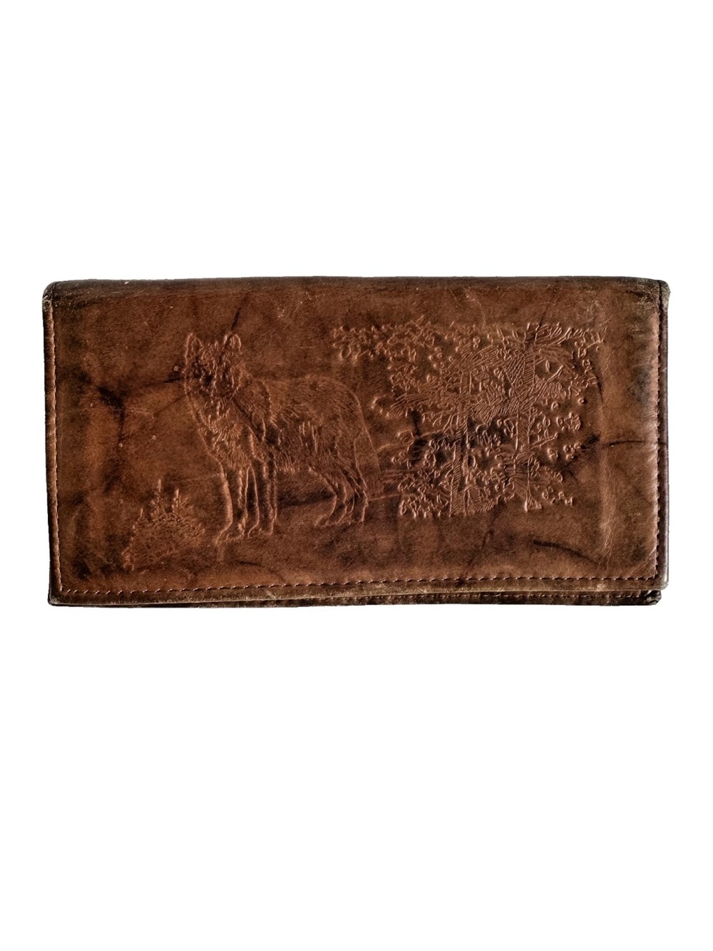 Vintage Rico Cowhide Leather Embossed Wolf Forest Bifold Wallet Brown Checkbook